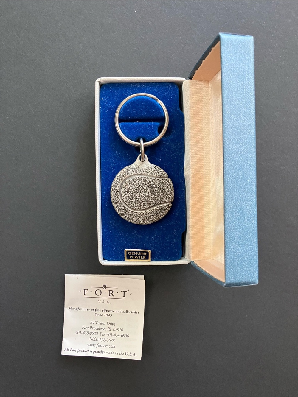 Fort USA Pewter Tennis Ball  Key Ring Chain New in Box w Pamphelt